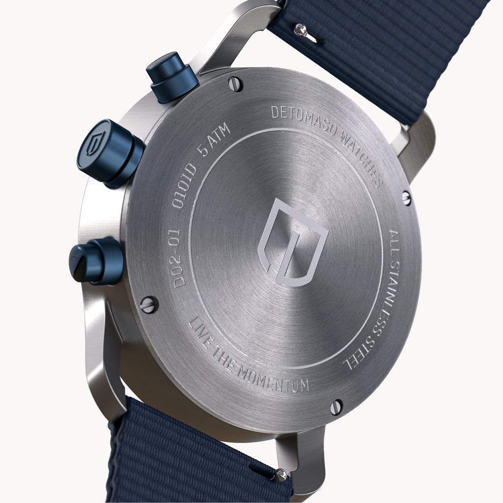 SORPASSO CHRONOGRAPH MACCHINA SILVER - Ocean Plastic Dark blue Woven - Detomaso Watches