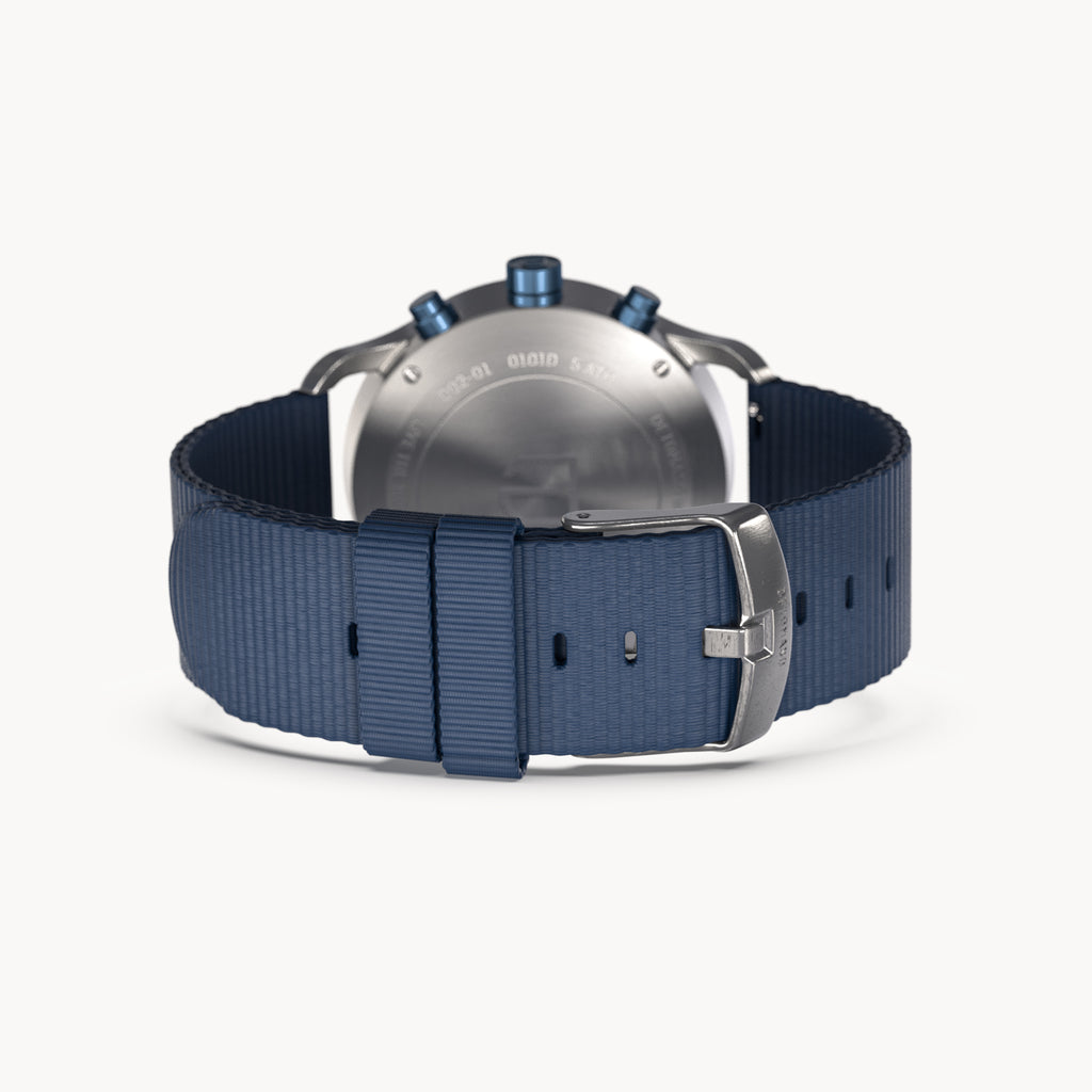 SORPASSO CHRONOGRAPH MACCHINA SILVER - Ocean Plastic Dark blue Woven - Detomaso Watches