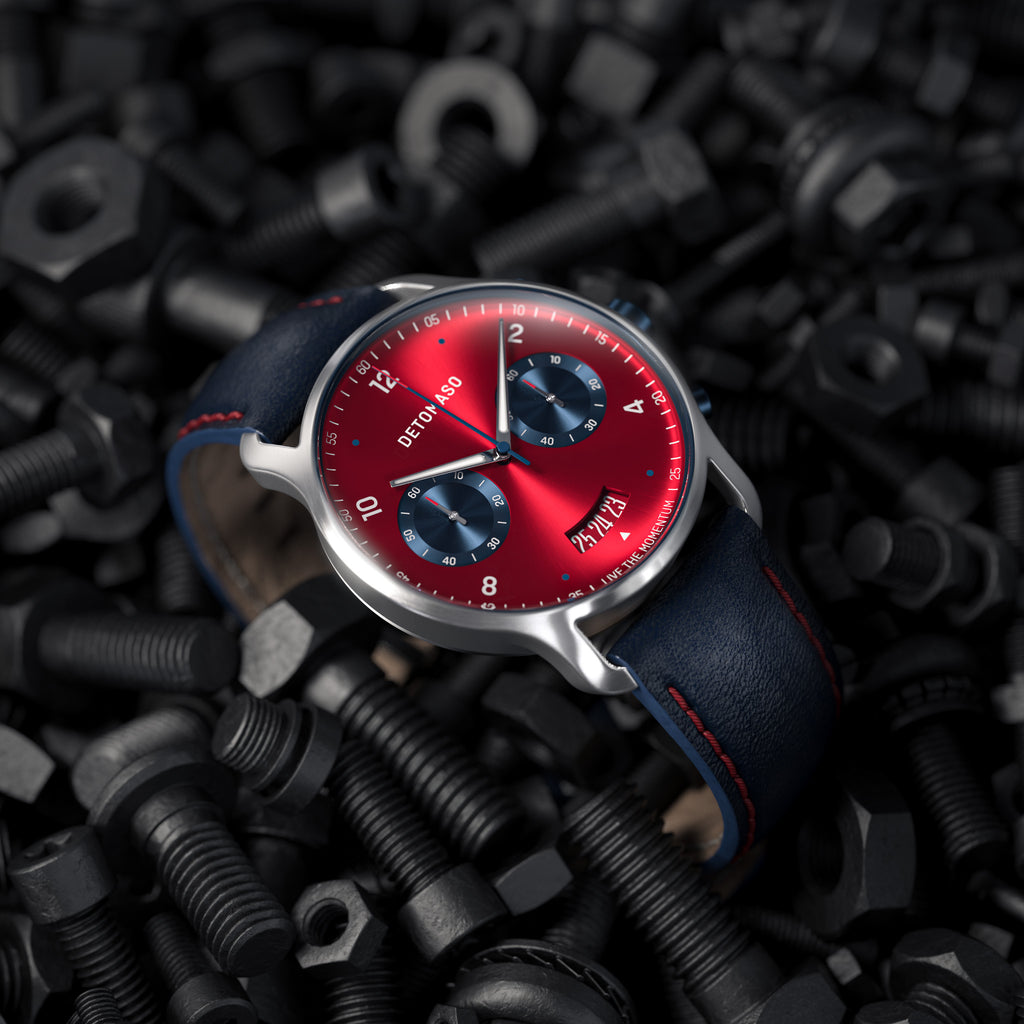 SORPASSO CHRONOGRAPH MACCHINA SILVER - Leather Blue Red Classic - Detomaso Watches