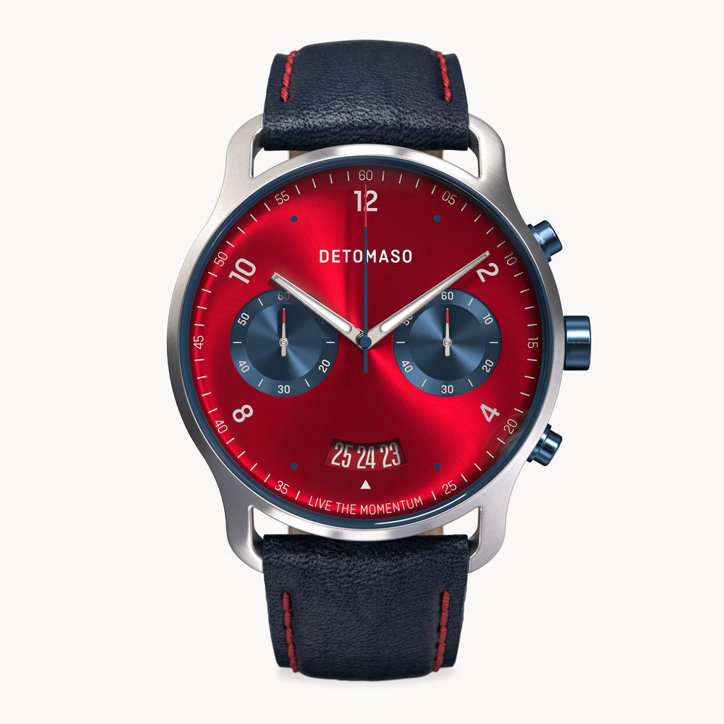 SORPASSO CHRONOGRAPH MACCHINA SILVER - Leather Blue Red Classic - Detomaso Watches