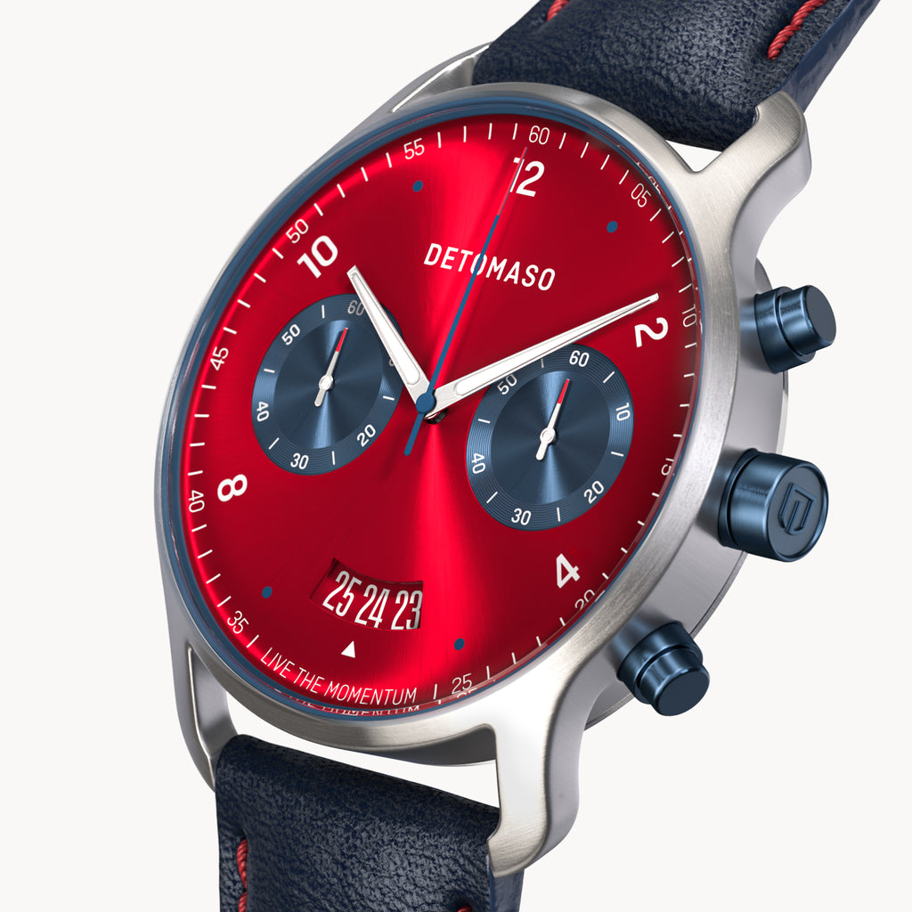 SORPASSO CHRONOGRAPH MACCHINA SILVER - Leather Blue Red Classic - Detomaso Watches