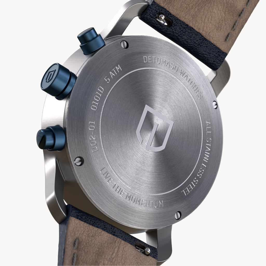 SORPASSO CHRONOGRAPH MACCHINA SILVER - Leather Blue Red Classic - Detomaso Watches