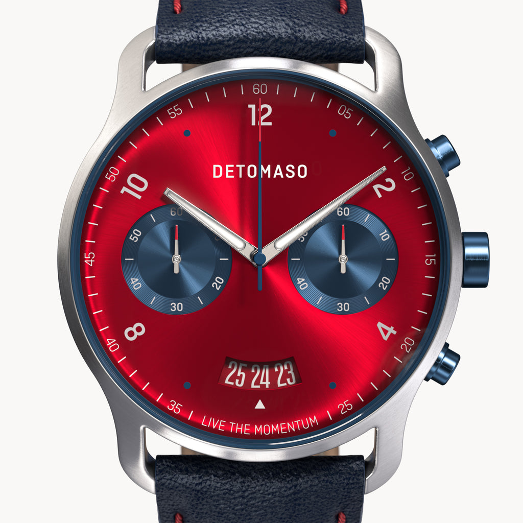 SORPASSO CHRONOGRAPH MACCHINA SILVER - Leather Blue Red Classic - Detomaso Watches