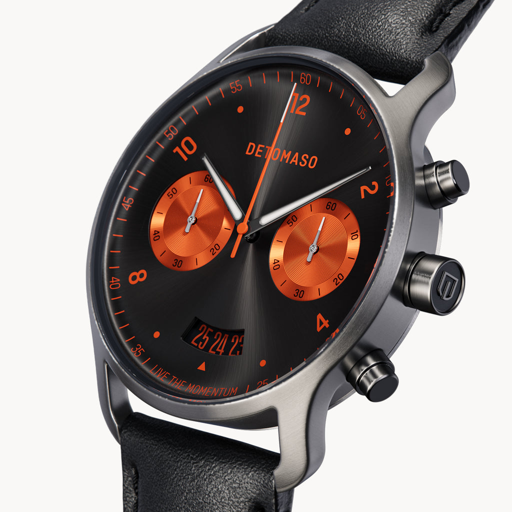 SORPASSO CHRONOGRAPH GRAY ORANGE - Leather Black Classic - Detomaso Watches