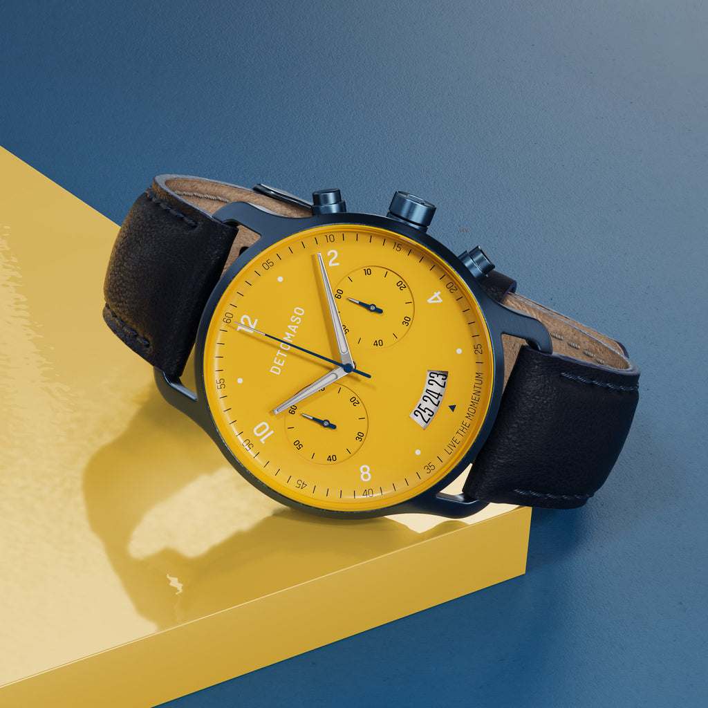 SORPASSO CHRONOGRAPH GIALLO BLU  - Leather Dark blue Classic - Detomaso Watches