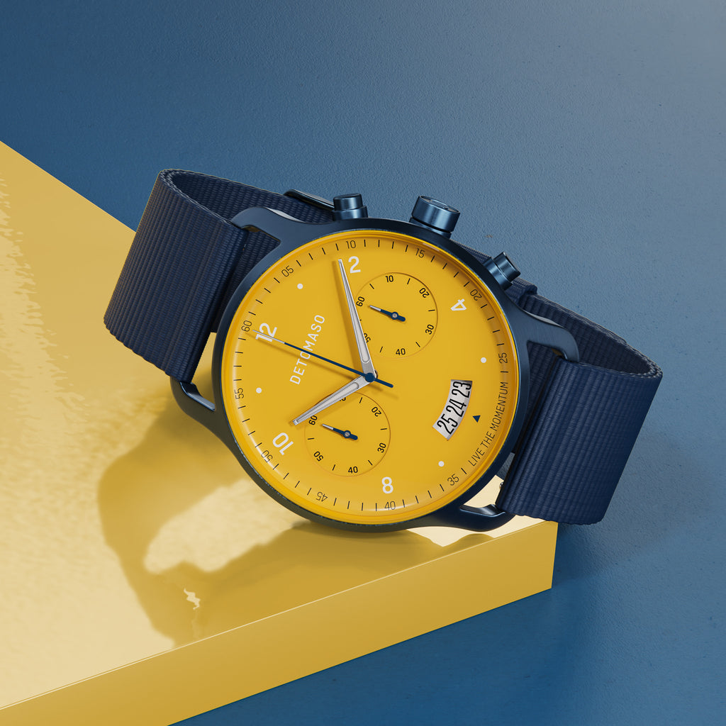 SORPASSO CHRONOGRAPH GIALLO BLU  - Ocean Plastic Dark blue Woven - Detomaso Watches