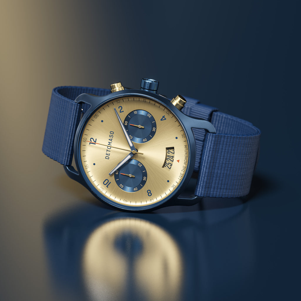 SORPASSO CHRONOGRAPH ORO BLU - Ocean Plastic Dark blue Woven - Detomaso Watches