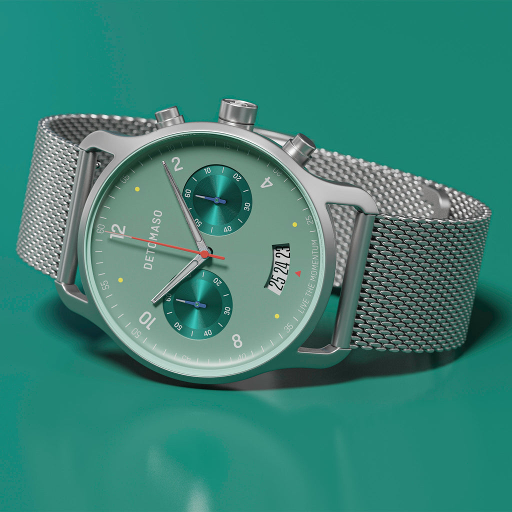 SORPASSO CHRONO MATTE GREEN - Mesh Silver Matte - Detomaso Watches