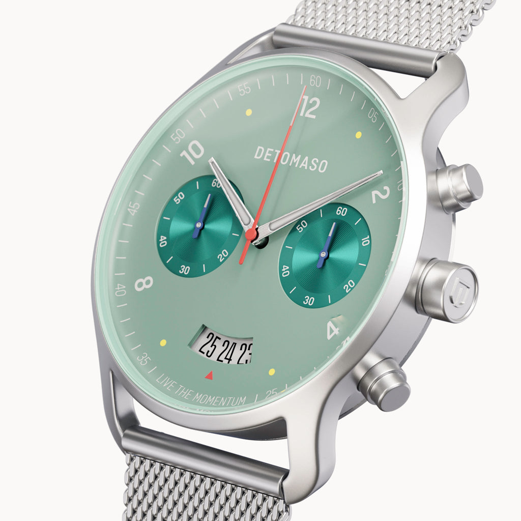 SORPASSO CHRONO MATTE GREEN - Mesh Silver Matte - Detomaso Watches