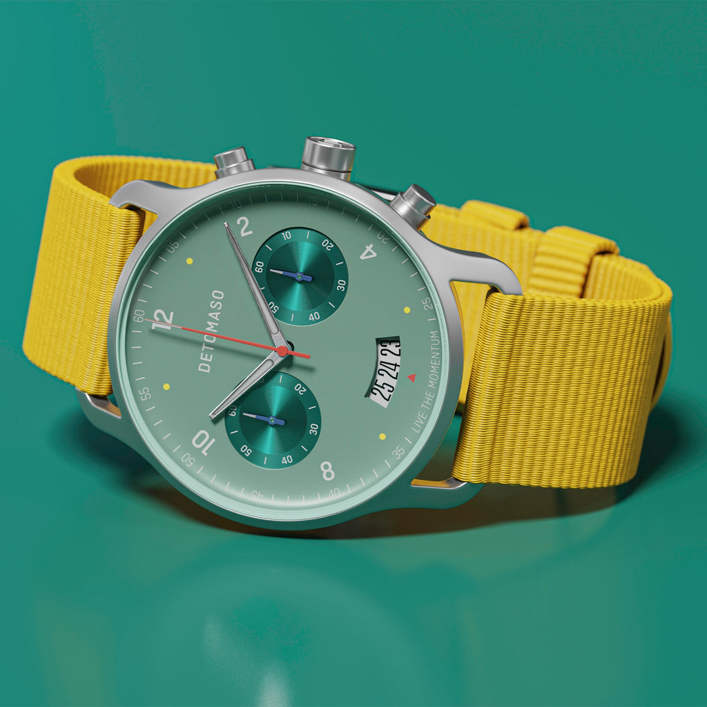 SORPASSO CHRONO MATTE GREEN - Ocean Plastic Yellow Woven - Detomaso Watches