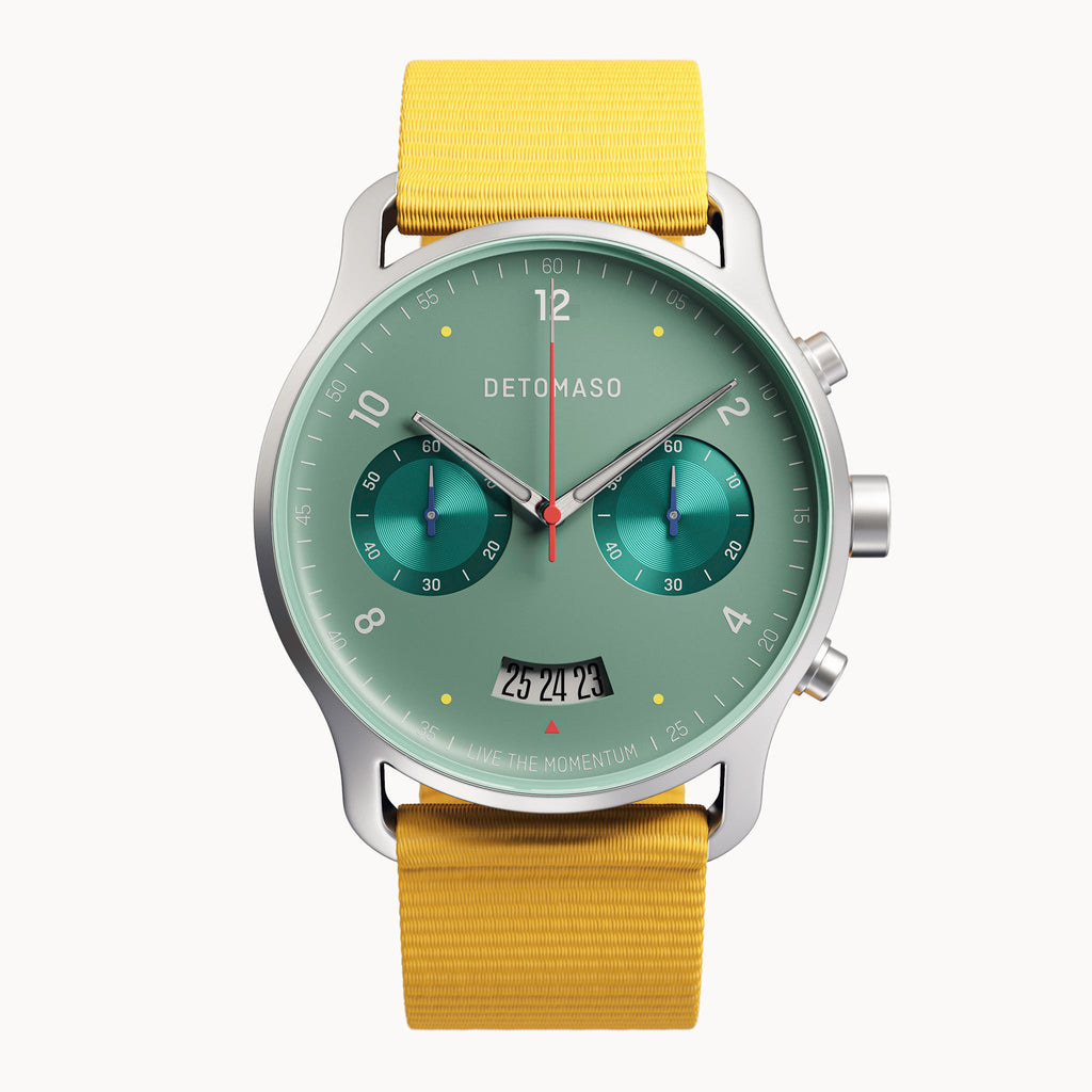 SORPASSO CHRONO MATTE GREEN - Ocean Plastic Yellow Woven - Detomaso Watches