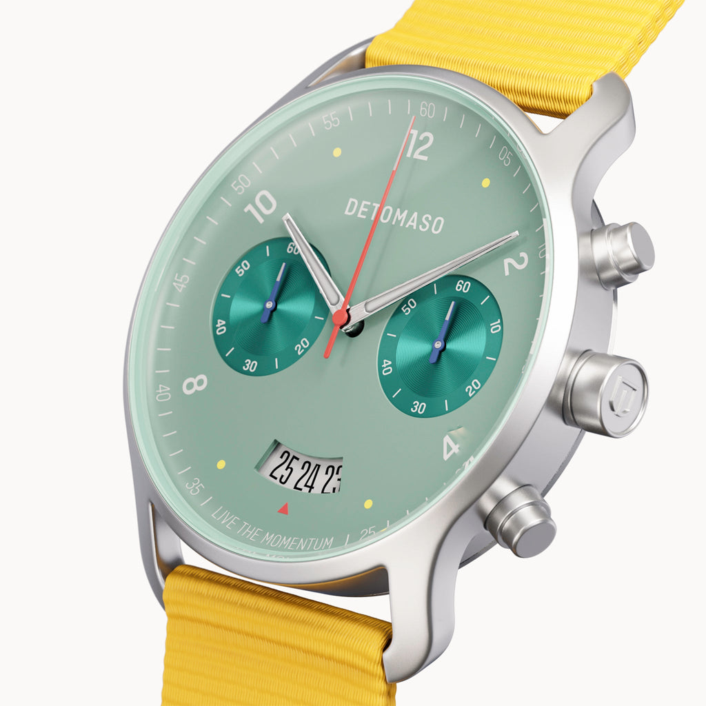 SORPASSO CHRONO MATTE GREEN - Ocean Plastic Yellow Woven - Detomaso Watches