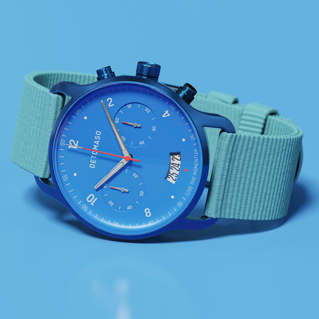 SORPASSO CHRONO MATTE BLUE - Ocean Plastic Turquoise Woven - Detomaso Watches