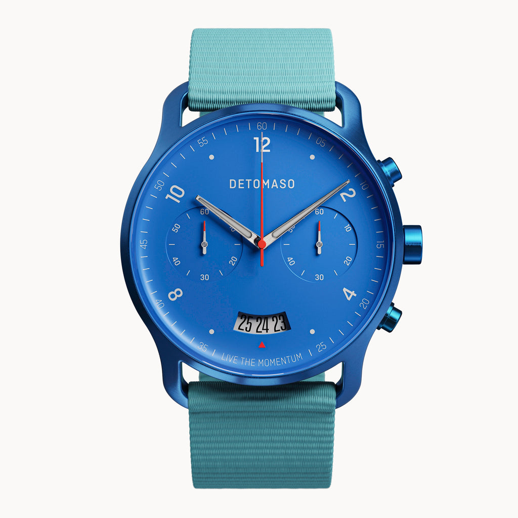 SORPASSO CHRONO MATTE BLUE - Ocean Plastic Turquoise Woven - Detomaso Watches