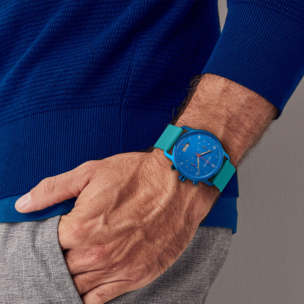 SORPASSO CHRONO MATTE BLUE - Ocean Plastic Turquoise Woven - Detomaso Watches