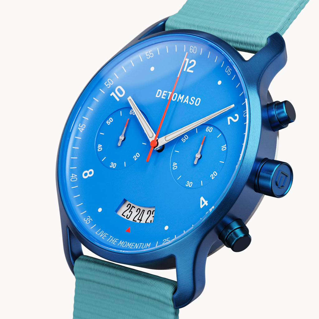SORPASSO CHRONO MATTE BLUE - Ocean Plastic Turquoise Woven - Detomaso Watches