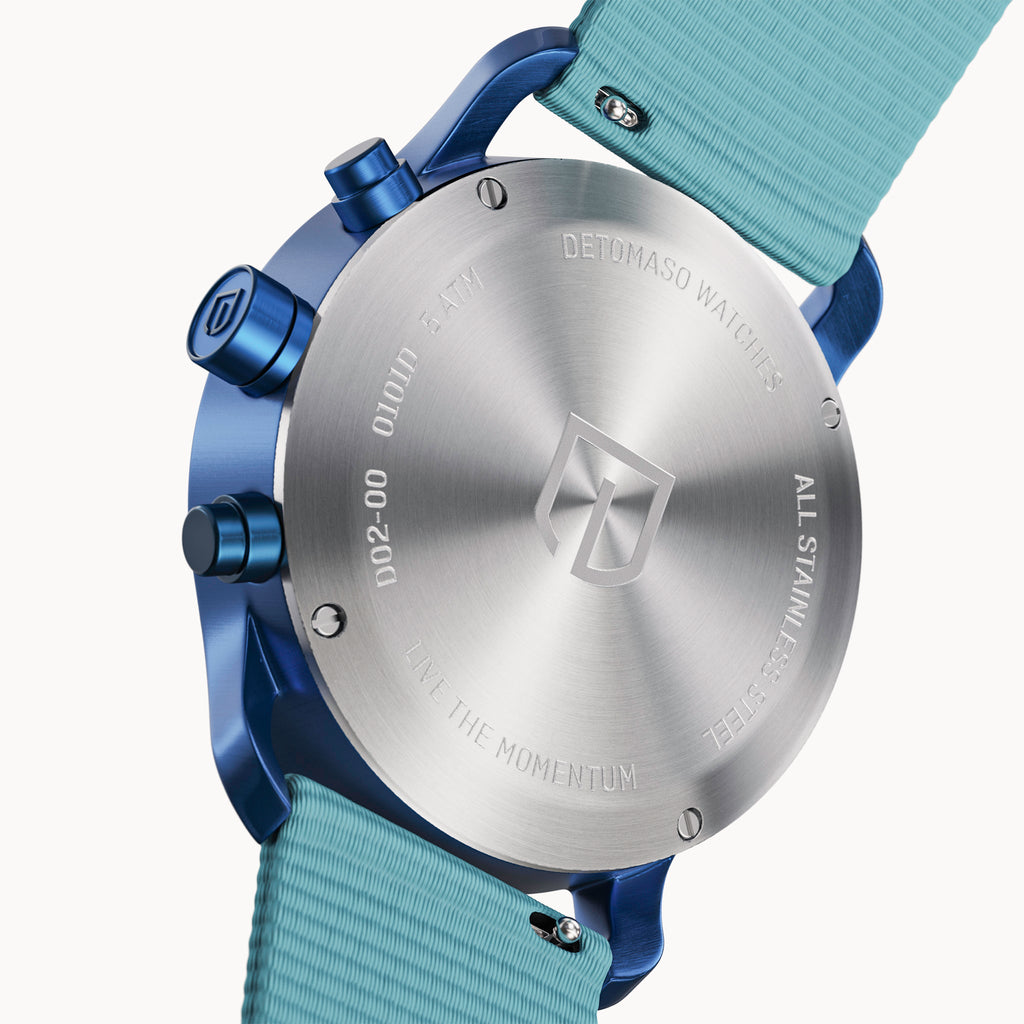 SORPASSO CHRONO MATTE BLUE - Ocean Plastic Turquoise Woven - Detomaso Watches