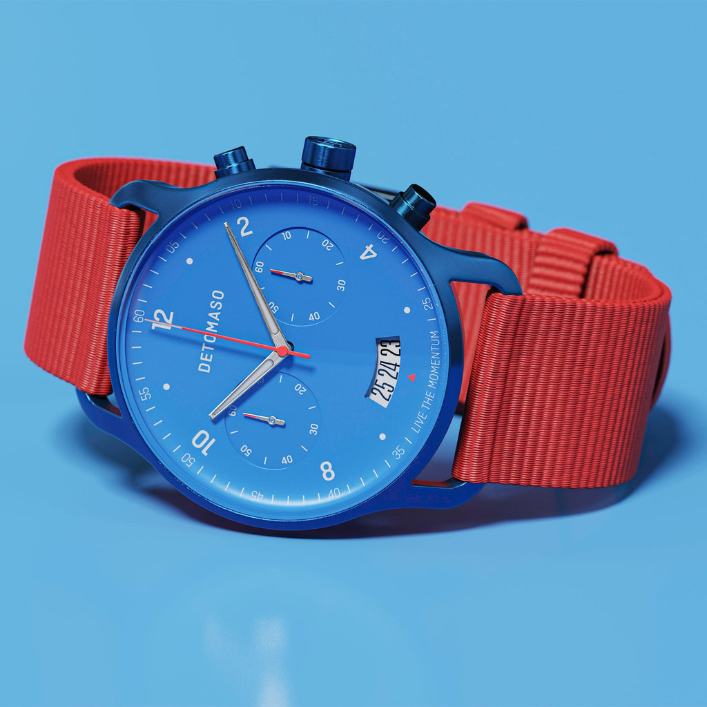 SORPASSO CHRONO MATTE BLUE - Ocean Plastic Red Woven - Detomaso Watches