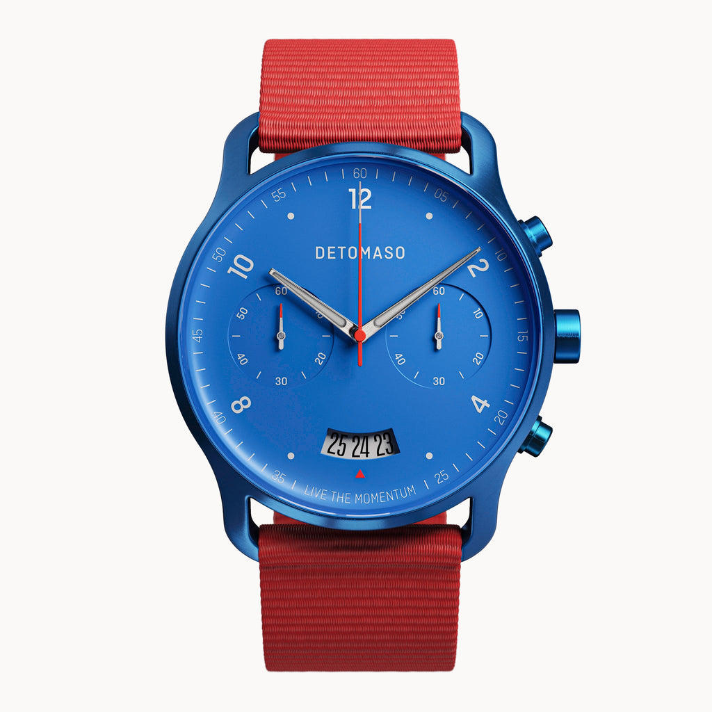 SORPASSO CHRONO MATTE BLUE - Ocean Plastic Red Woven - Detomaso Watches