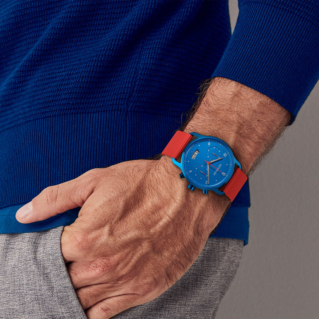 SORPASSO CHRONO MATTE BLUE - Ocean Plastic Red Woven - Detomaso Watches