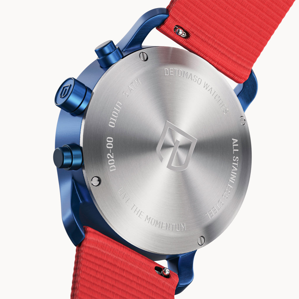 SORPASSO CHRONO MATTE BLUE - Ocean Plastic Red Woven - Detomaso Watches