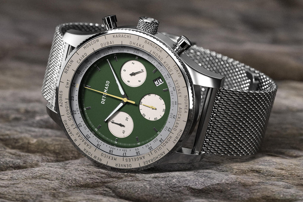FIRENZE CHRONOGRAPH GREEN - Mesh Silver Brushed - Detomaso Watches