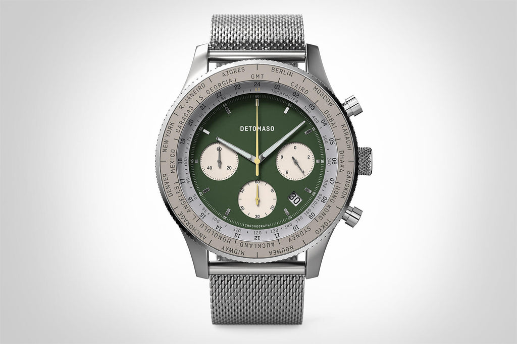 FIRENZE CHRONOGRAPH GREEN - Mesh Silver Brushed - Detomaso Watches