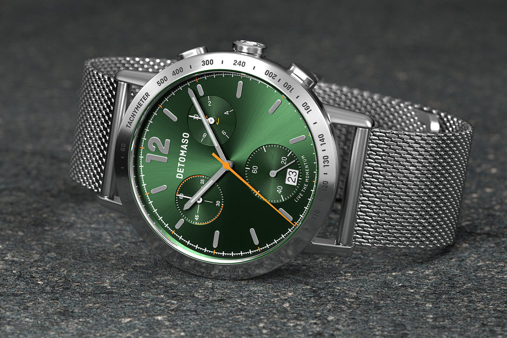 ADESSO CHRONOGRAPH LIMITED EDITION GREEN - Mesh Silver Matte - Detomaso Watches