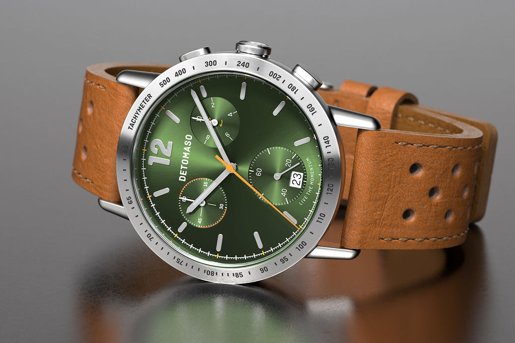 ADESSO CHRONOGRAPH LIMITED EDITION GREEN - Leather Light Brown Racing - Detomaso Watches