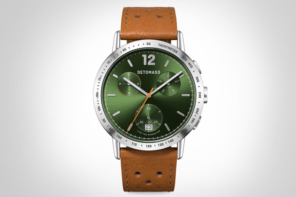 ADESSO CHRONOGRAPH LIMITED EDITION GREEN - Leather Light Brown Racing - Detomaso Watches
