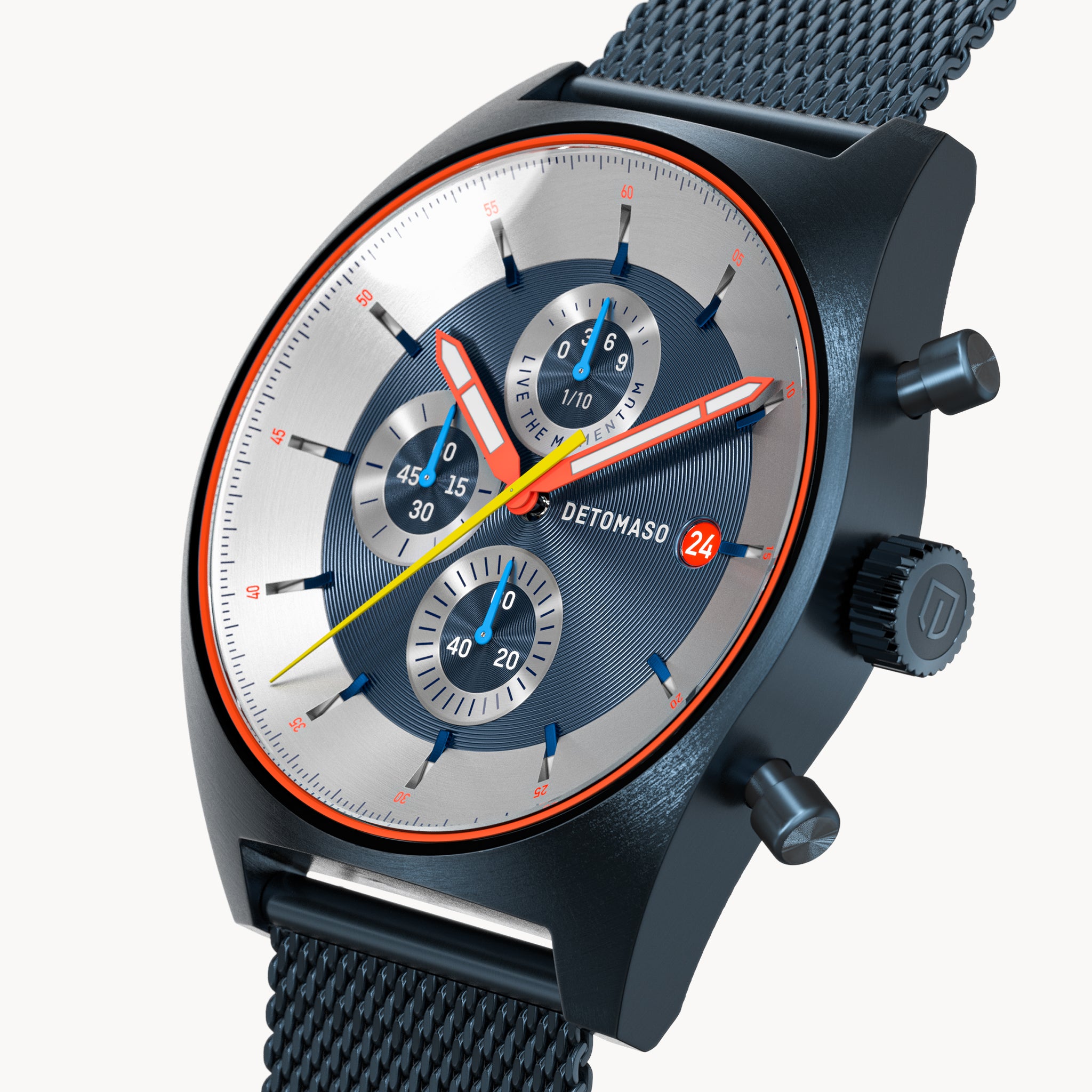 DeTomaso D10 Chronograph Limited Edition Blue Yellow Orologio da uomo analogico al quarzo cinturino in pelle blu, blu, cinghia DeTomaso D10 Chronograph Limited Edition Blue Yellow Orologio da uomo analogico al quarzo cinturino in pelle blu, blu, cinghia