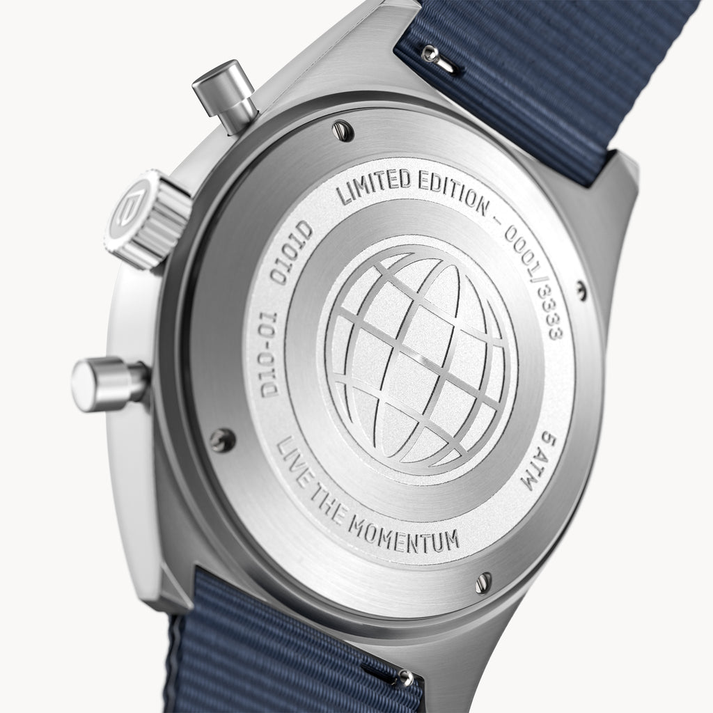 D10 CHRONOGRAPH LIMITED EDITION SILVER - Ocean Plastic Dark blue Woven - Detomaso Watches