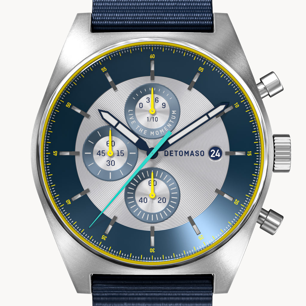D10 CHRONOGRAPH LIMITED EDITION SILVER - Ocean Plastic Dark blue Woven - Detomaso Watches