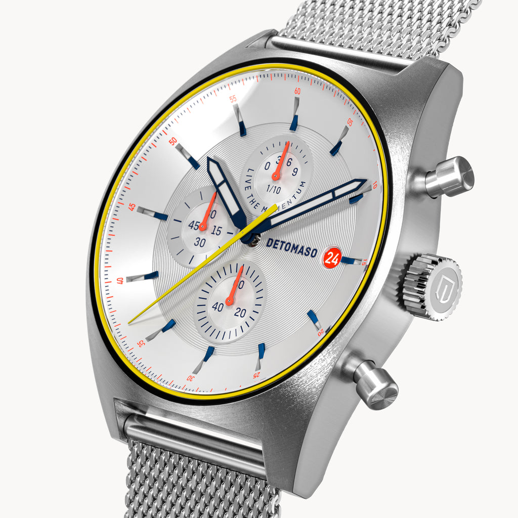 D10 CHRONOGRAPH LIMITED EDITION WHITE - Mesh Silver Brushed - Detomaso Watches
