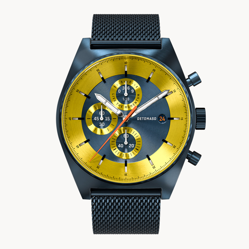 D10 CHRONOGRAPH LIMITED EDITION BLUE YELLOW - Mesh Dark blue Brushed - Detomaso Watches