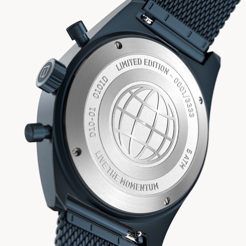 D10 CHRONOGRAPH LIMITED EDITION BLUE YELLOW - Mesh Dark blue Brushed - Detomaso Watches