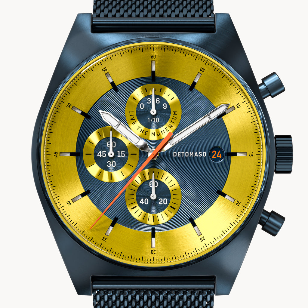 D10 CHRONOGRAPH LIMITED EDITION BLUE YELLOW - Mesh Dark blue Brushed - Detomaso Watches