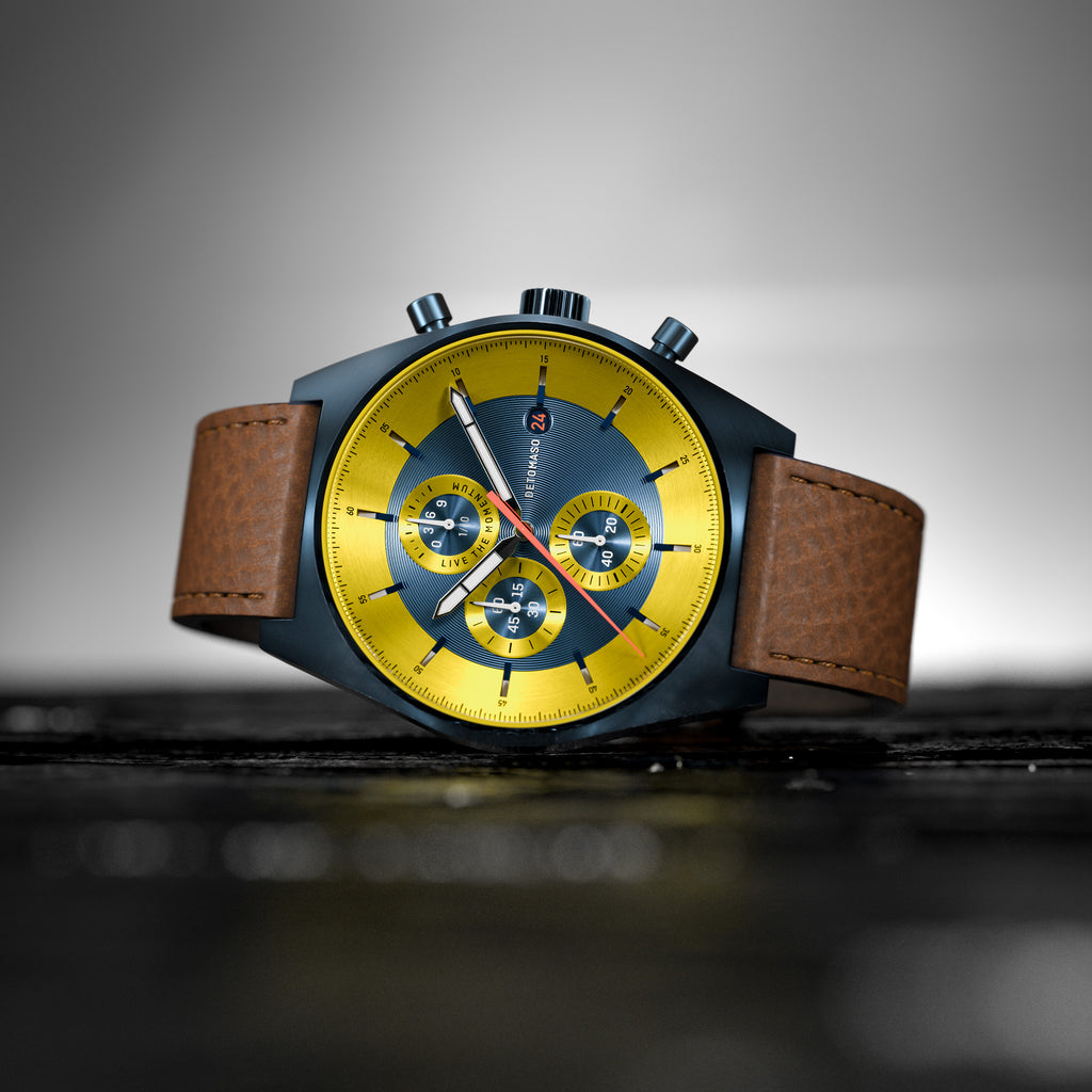 D10 CHRONOGRAPH LIMITED EDITION BLUE YELLOW - Leather Dark brown Venere - Detomaso Watches