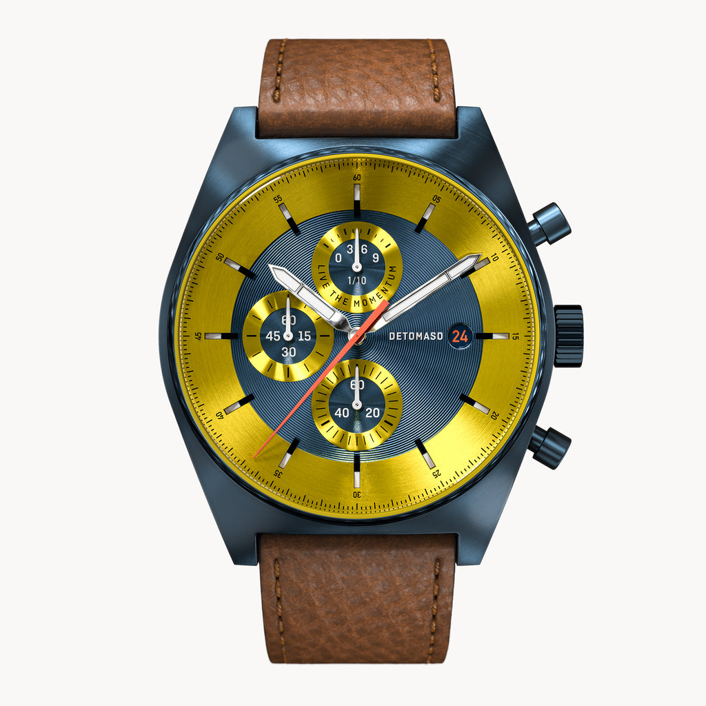 D10 CHRONOGRAPH LIMITED EDITION BLUE YELLOW - Leather Dark brown Venere - Detomaso Watches
