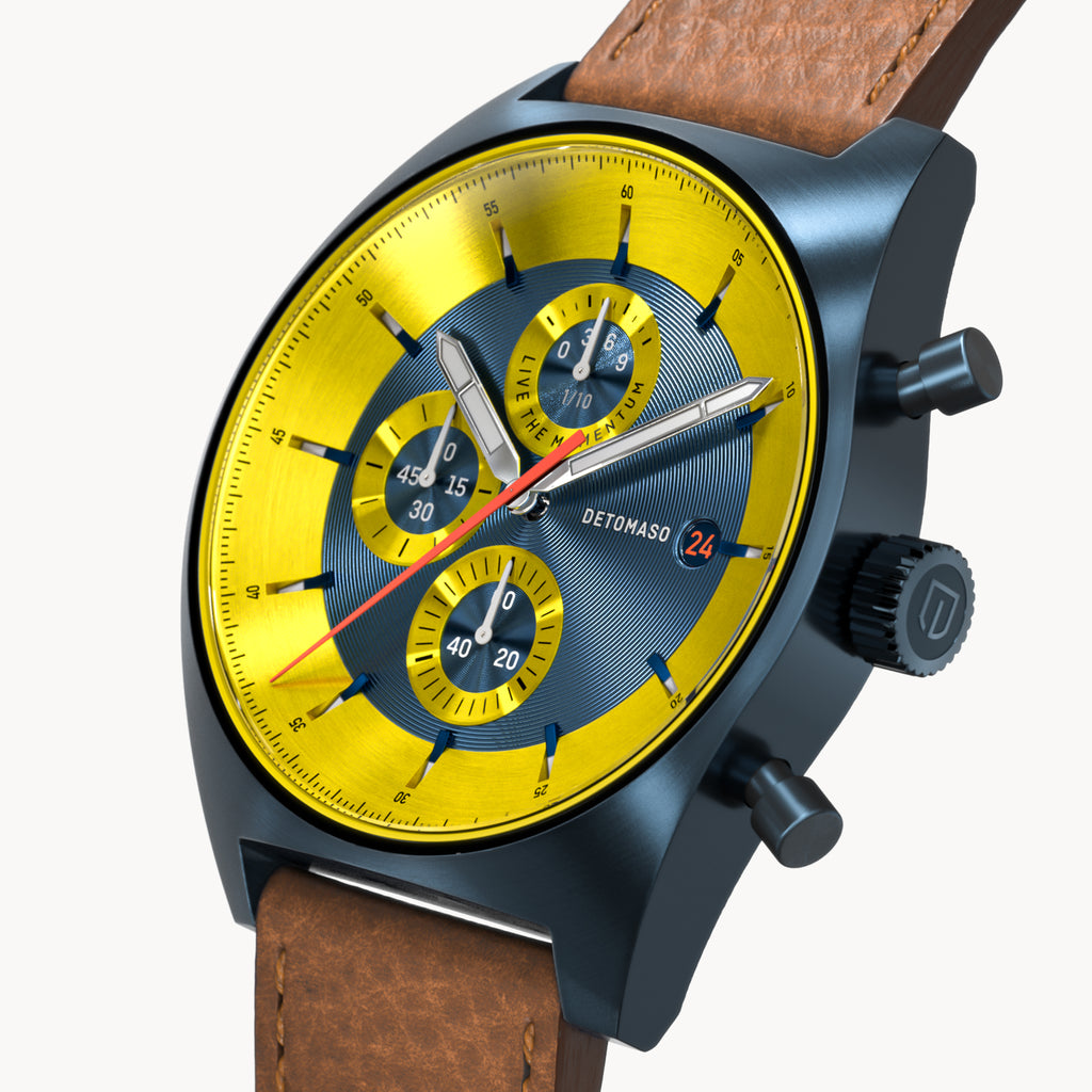 D10 CHRONOGRAPH LIMITED EDITION BLUE YELLOW - Leather Dark brown Venere - Detomaso Watches