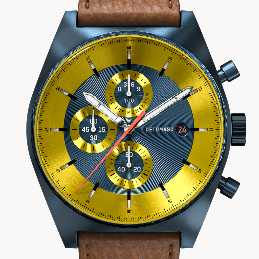 D10 CHRONOGRAPH LIMITED EDITION BLUE YELLOW - Leather Dark brown Venere - Detomaso Watches
