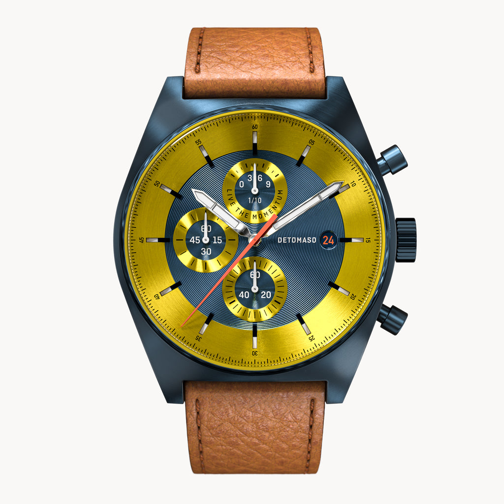 D10 CHRONOGRAPH LIMITED EDITION BLUE YELLOW - Leather Brown Venere - Detomaso Watches