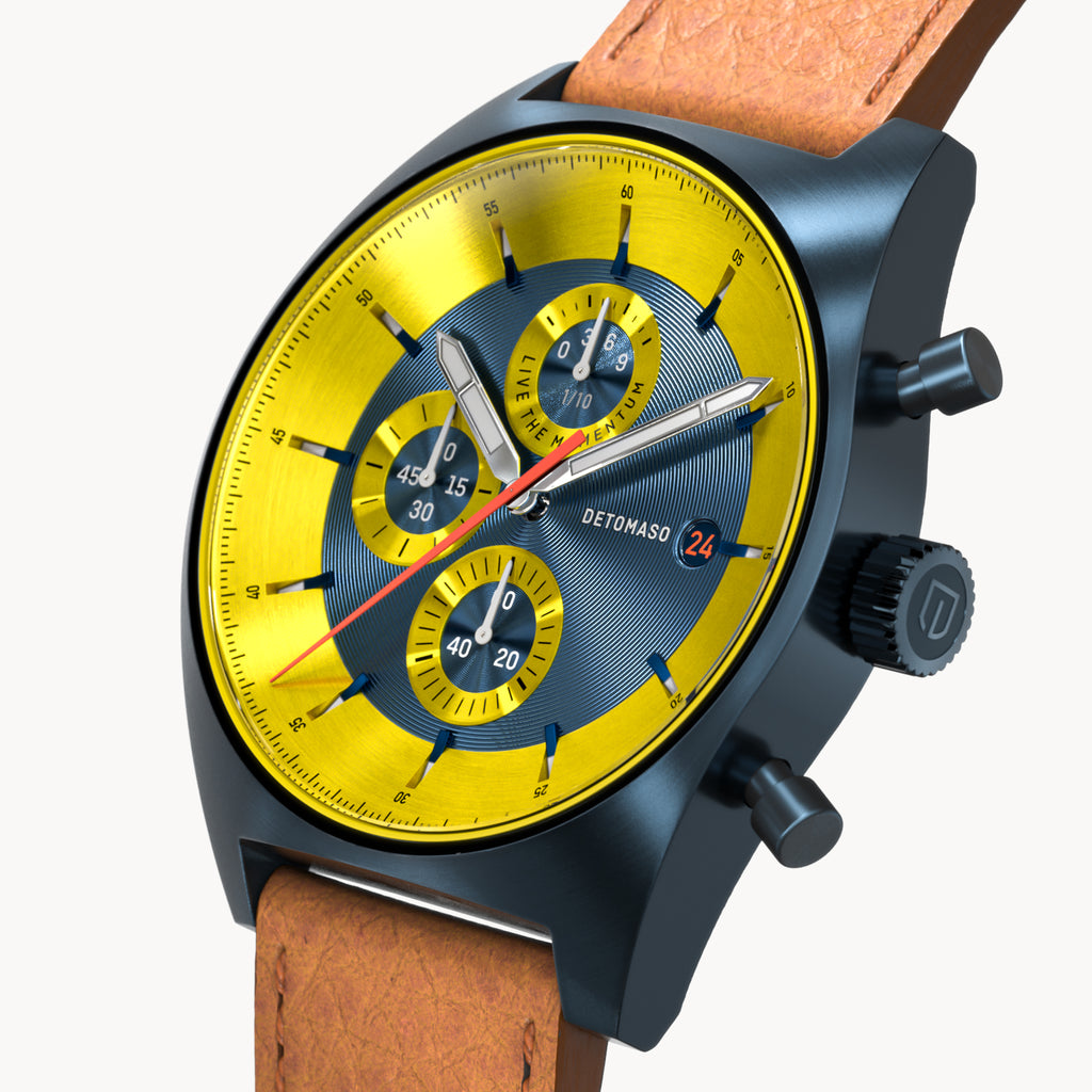 D10 CHRONOGRAPH LIMITED EDITION BLUE YELLOW - Leather Brown Venere - Detomaso Watches