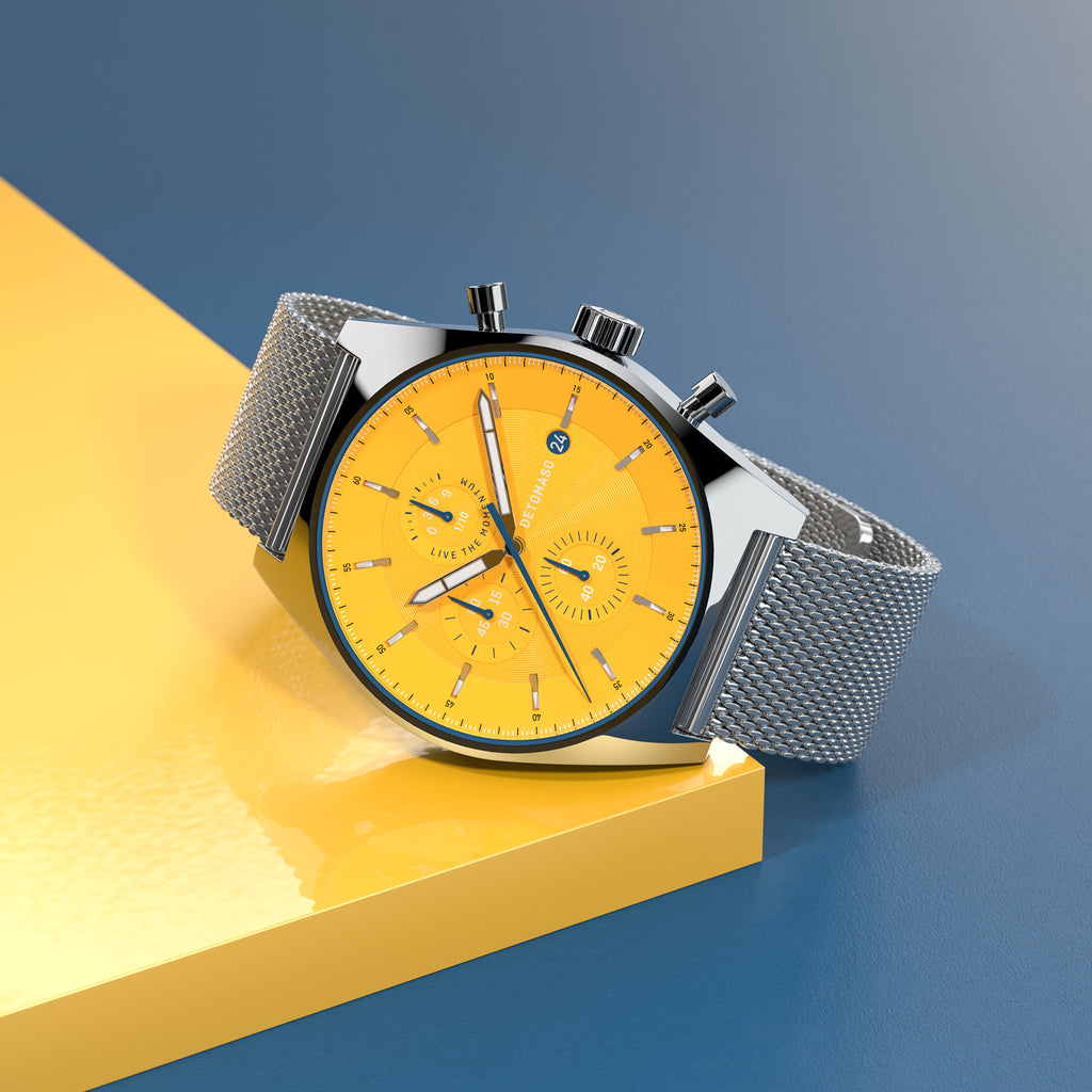 D10 CHRONOGRAPH GIALLO - Mesh Silver Glossy - Detomaso Watches