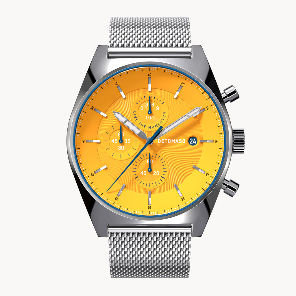 D10 CHRONOGRAPH GIALLO - Mesh Silver Glossy - Detomaso Watches
