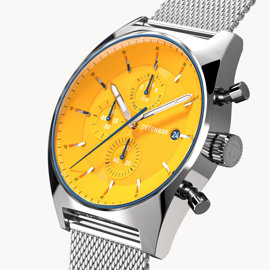 D10 CHRONOGRAPH GIALLO - Mesh Silver Glossy - Detomaso Watches