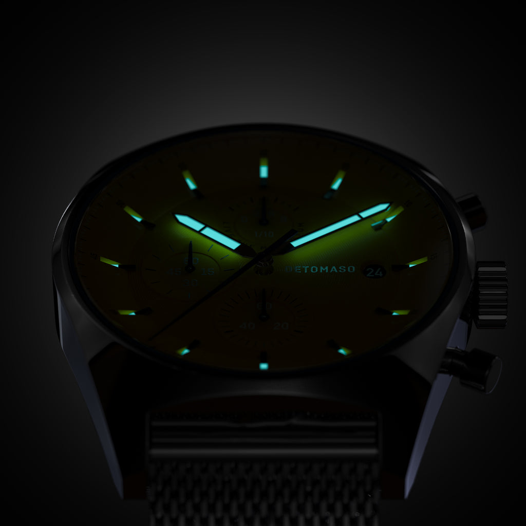 D10 CHRONOGRAPH GIALLO - Mesh Silver Glossy - Detomaso Watches