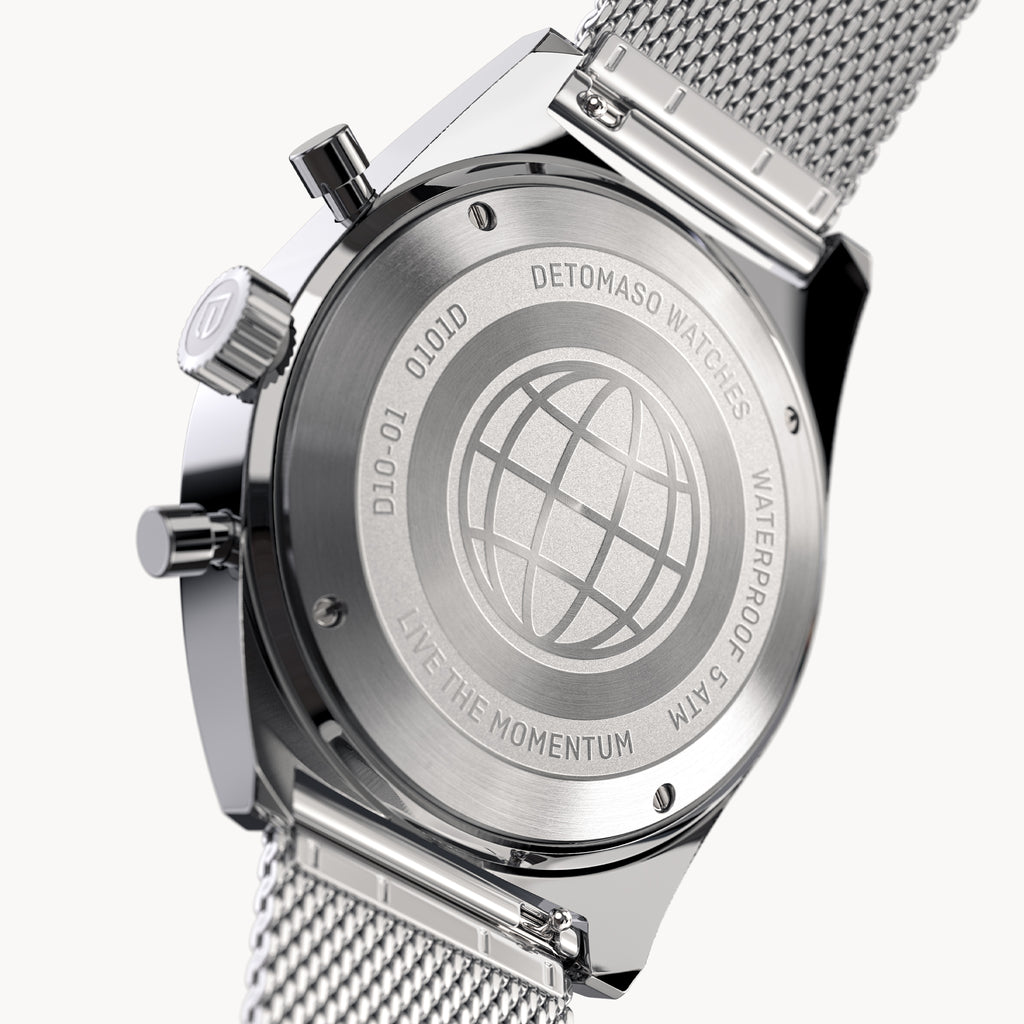 D10 CHRONOGRAPH GIALLO - Mesh Silver Glossy - Detomaso Watches