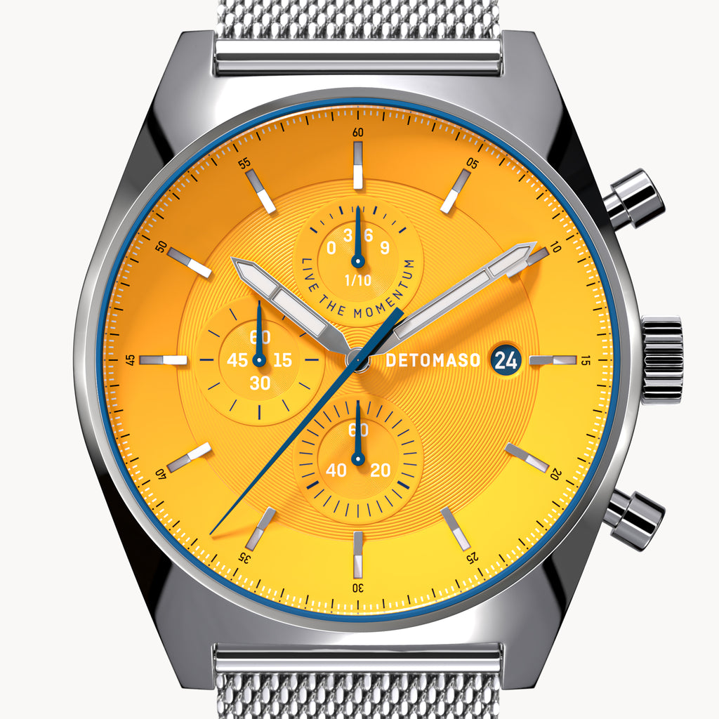 D10 CHRONOGRAPH GIALLO - Mesh Silver Glossy - Detomaso Watches