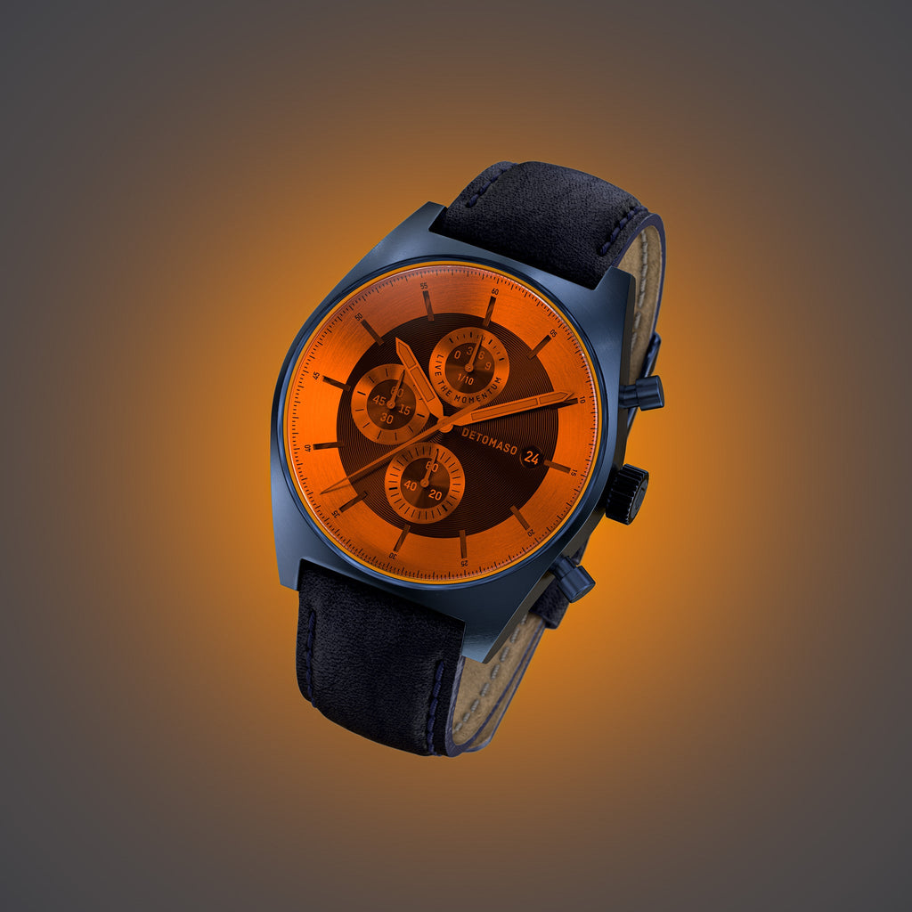 D10 CHRONOGRAPH COLORED GLASS LIMITED EDITION ORANGE - Leather Dark Blue Classic - Detomaso Watches